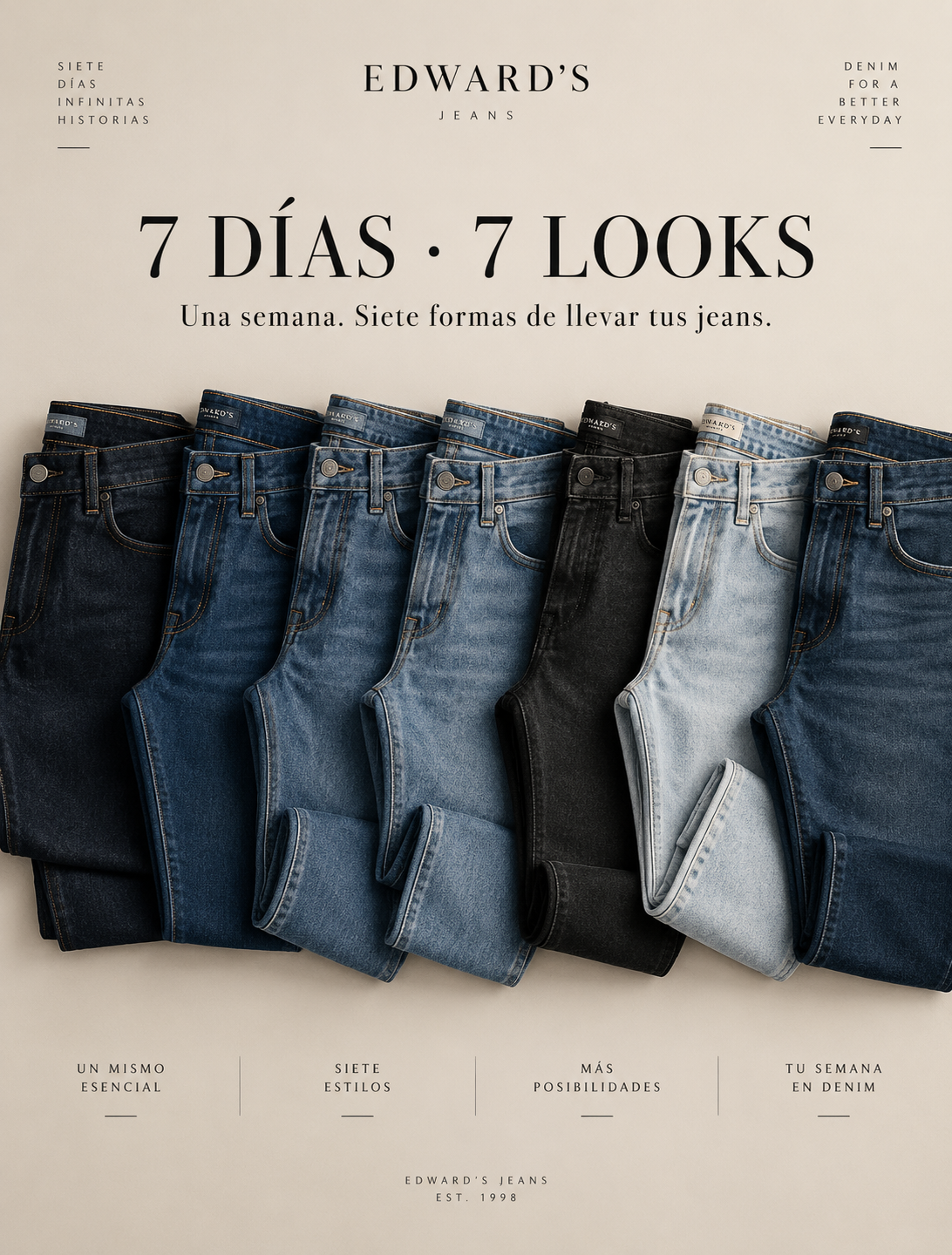 7 DÍAS · 7 LOOKS. Una semana. Siete formas de llevar tus jeans.
