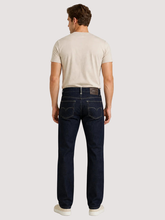 Vista completa trasera de pantalón de mezclilla recto strech para hombre Edward's Urban azul oscuro