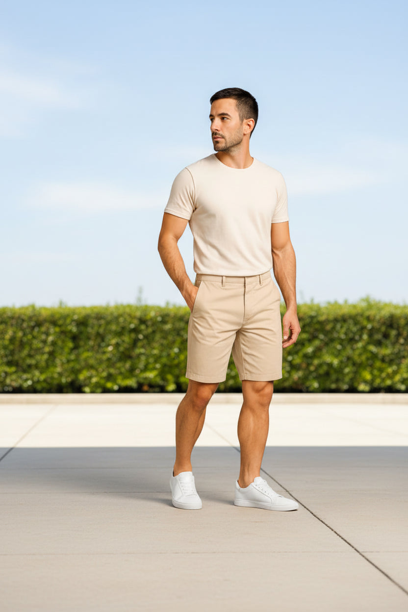 Men's sand-colored denim Bermuda shorts