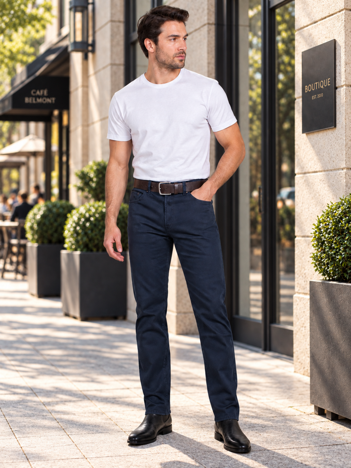 BOSS NAVY TWELLING TROUSERS FOR MEN