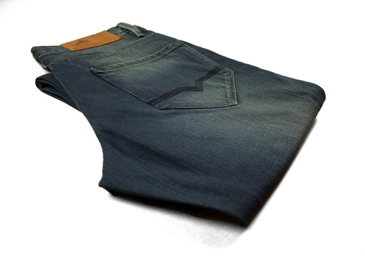 Jeans Recto Hombre Deslavado Bigotes Azul Oscuro