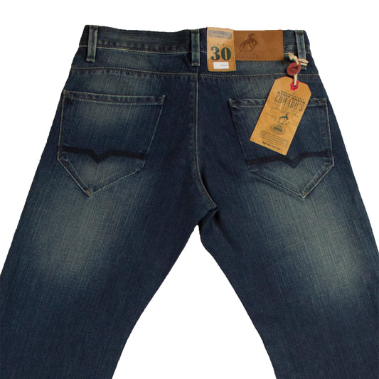 Jeans Recto Hombre Deslavado Bigotes Azul Oscuro
